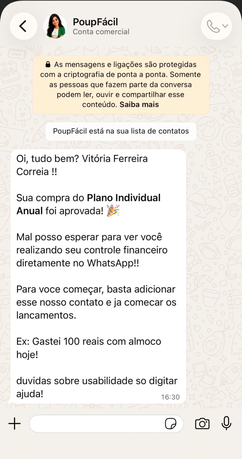 Comprovante de mensagem no WhatsApp